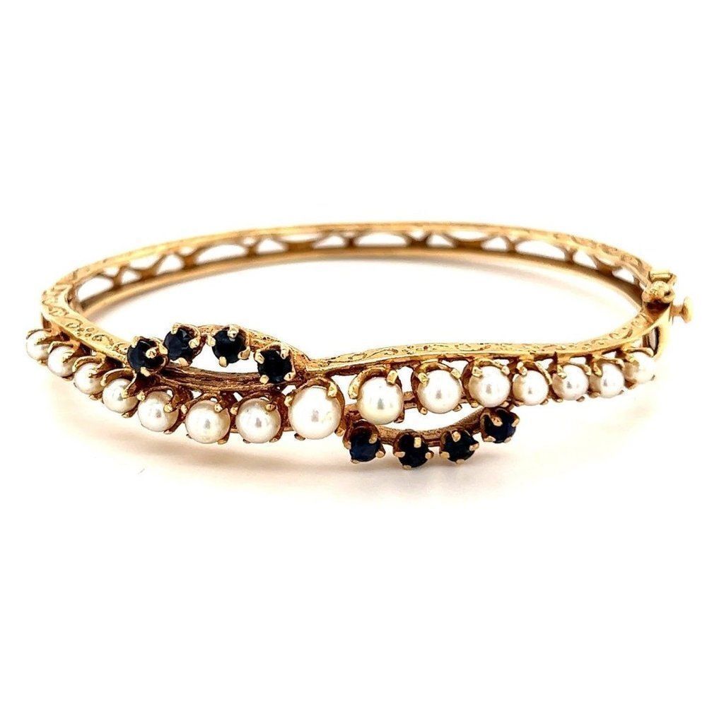 Antique 14k Seed Pearls/Blue Sapphires Bangle
